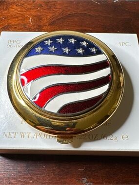 Estee Lauder Gold Compact Mirror with Red, White & Blue Enamel Flag